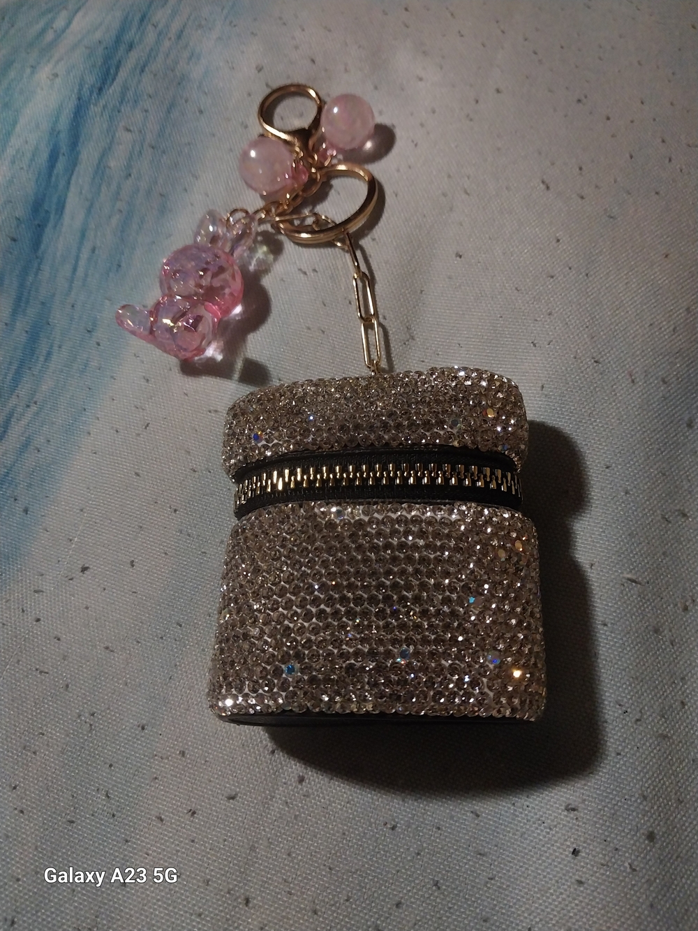 Unbranded Crystal-Embellished Ipod Ear Buds Holder Bag Charm/Keychain w/Pink